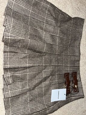 Maje Black and Cream Plaid Pleated Mini Skirt with Brown Buckle jocelyno skirt